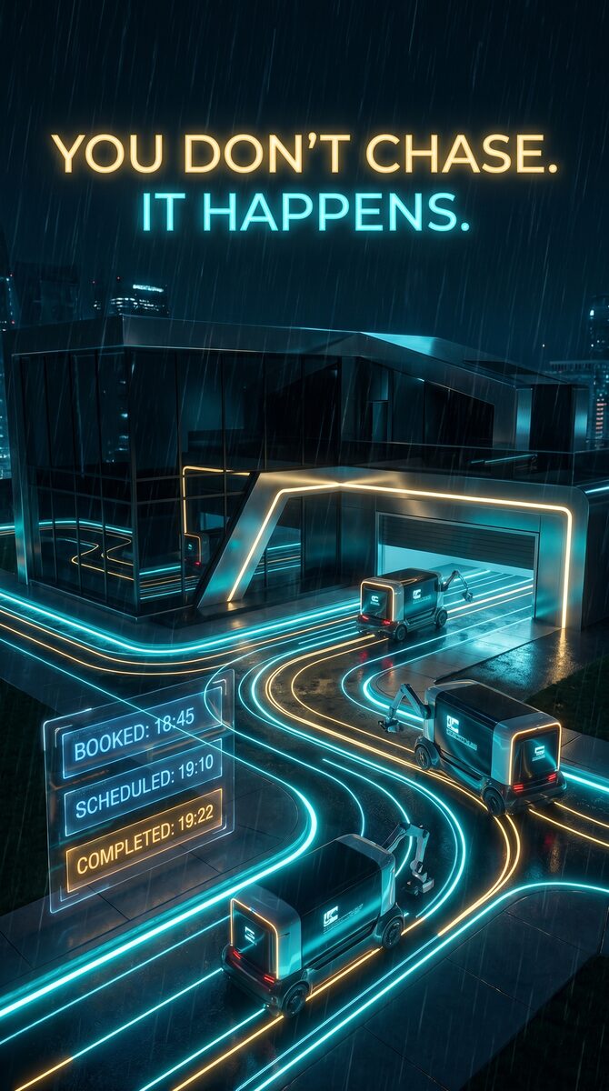 You don't chase. It happens. — connected delivery vehicles flowing through a city
