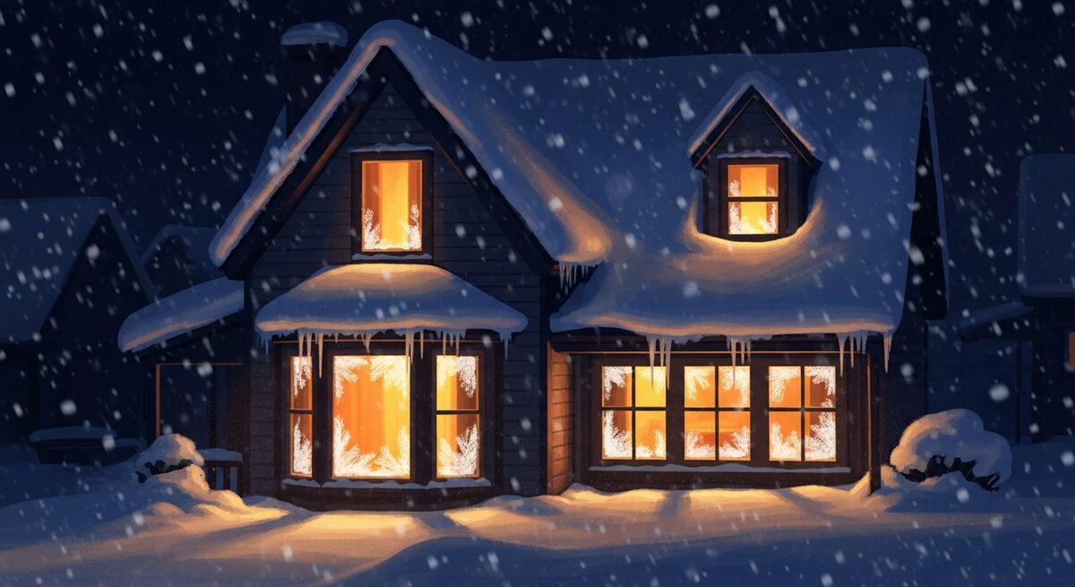 A snug Canadian home glowing warm and protected through heavy winter snow