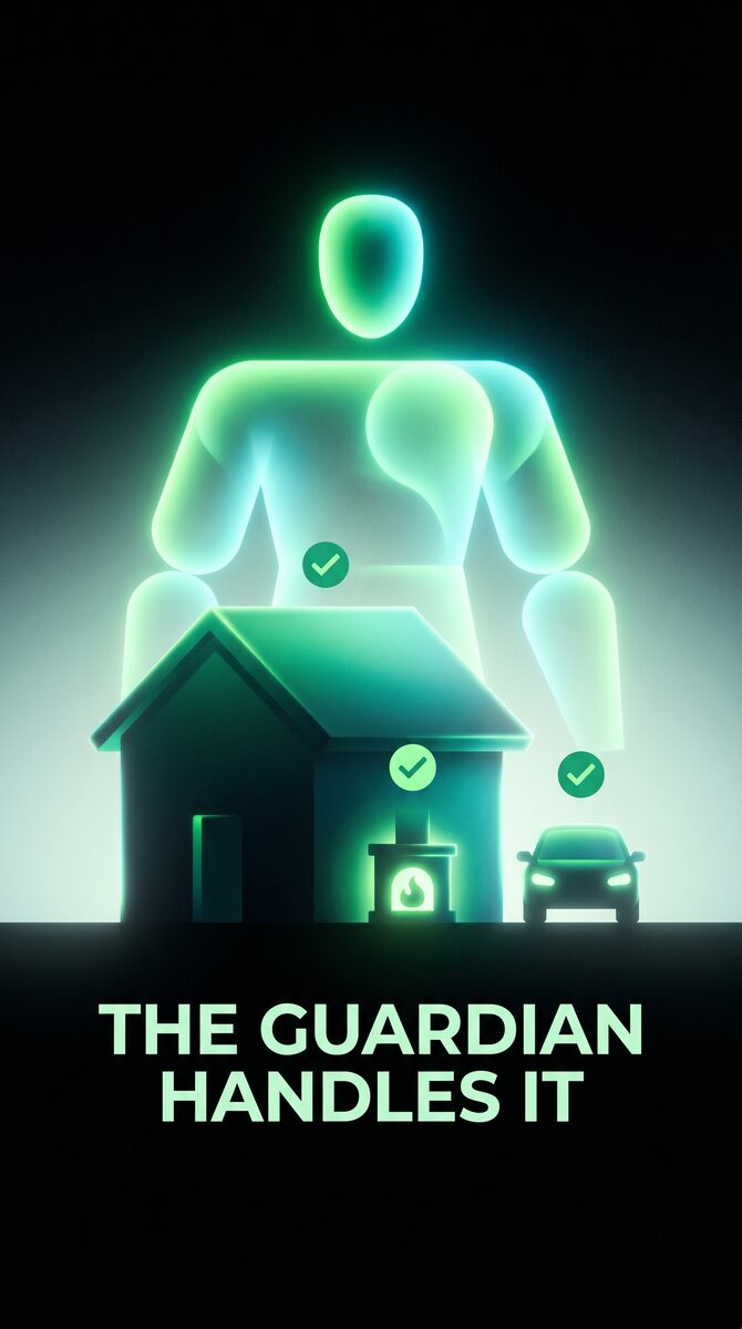 The Guardian handles it — a glowing protector watching over a home and car